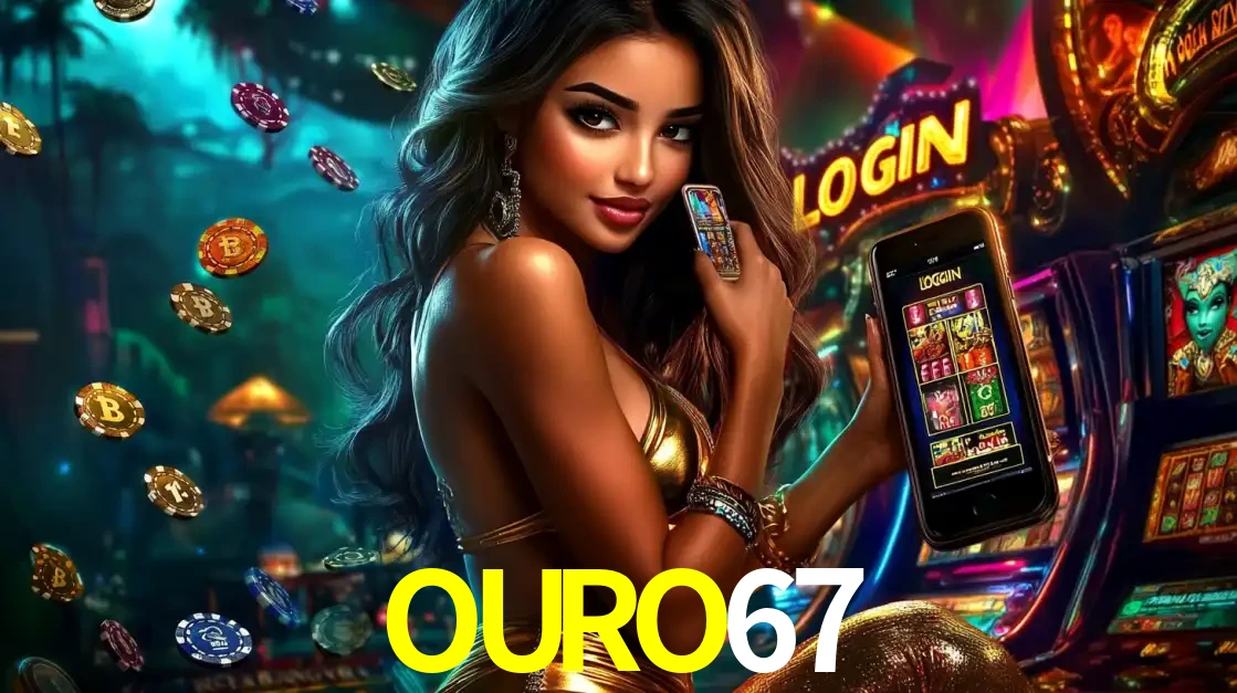 Mulher em um cenário de cassino temático de aventura, mostrando o app de caça-níqueis da OURO67 no celular. Fichas de apostas flutuam ao redor.