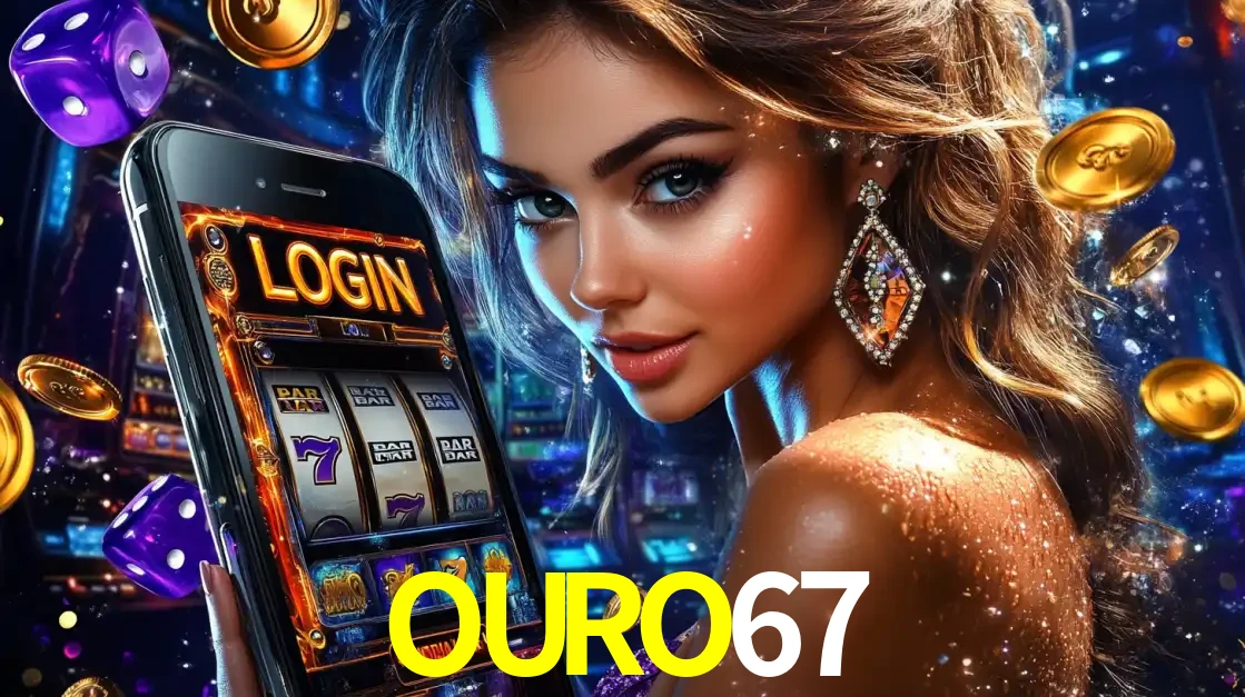 Mulher glamorosa segurando um smartphone com a tela de login para os jogos de caça-níqueis do cassino online OURO67, com moedas de ouro e dados ao redor.