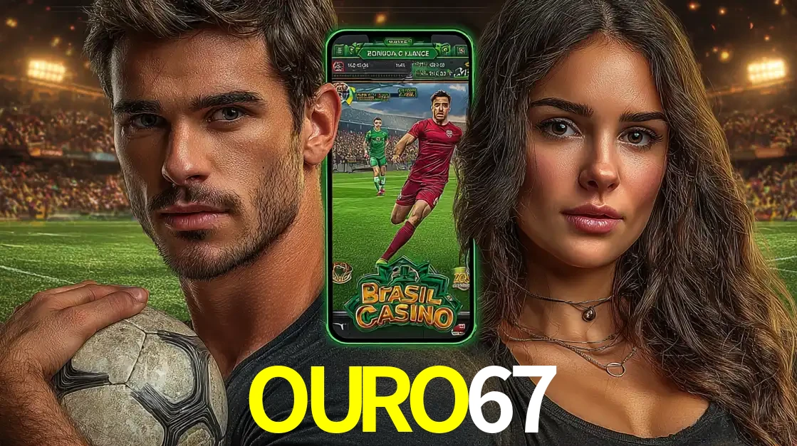 Homem segurando uma bola de futebol e uma mulher ao lado de um smartphone exibindo o jogo de apostas esportivas da OURO67. Faça seu palpite no cassino online.